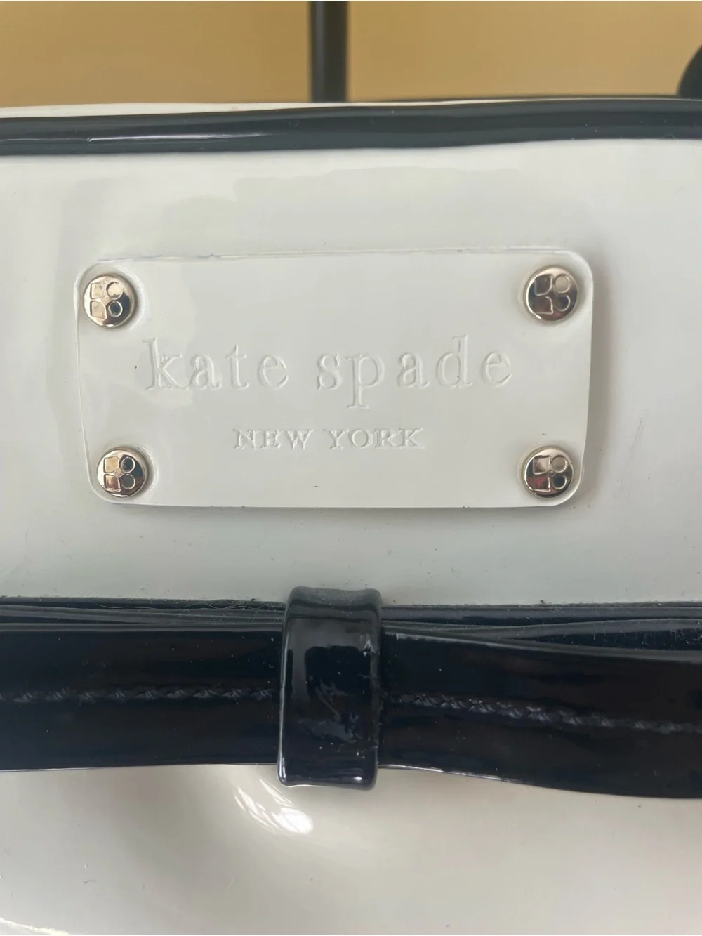 kate spade White and Black Patent Satchel with Bow Trim